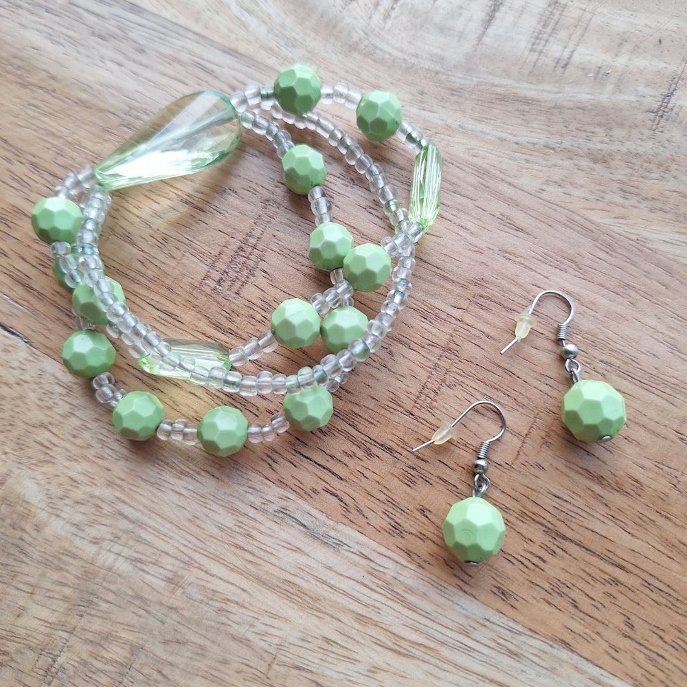Bracelet Dangle Earring Set Green Faceted Bead Stretchy Jewelry Women Plastic‎